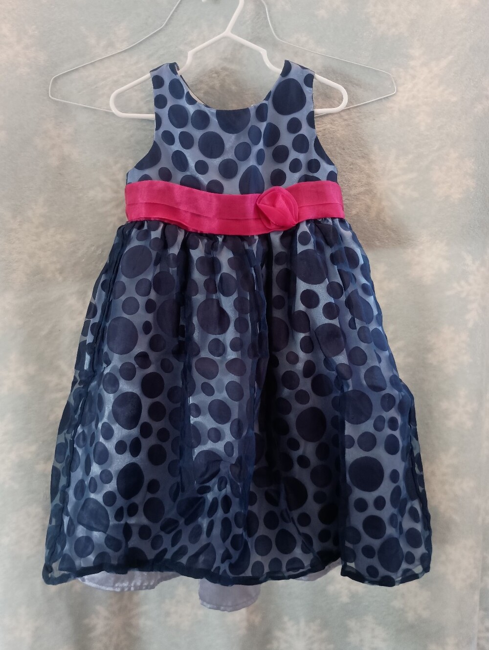 Gently Used Girls Navy Polka Dot Party Dress with Pink Sash Size 5
